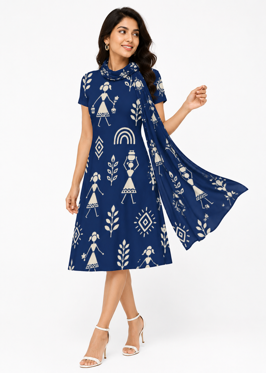 Warli Art Inspired Navy Blue A-Line Dress/Kurti with Matching Stole – 2-Piece Combo Set