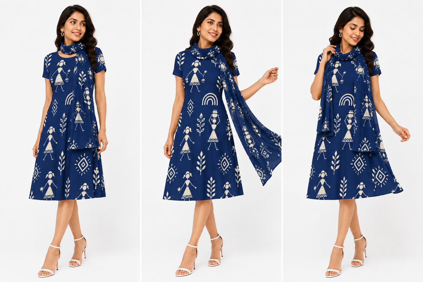Warli Art Inspired Navy Blue A-Line Dress/Kurti with Matching Stole – 2-Piece Combo Set
