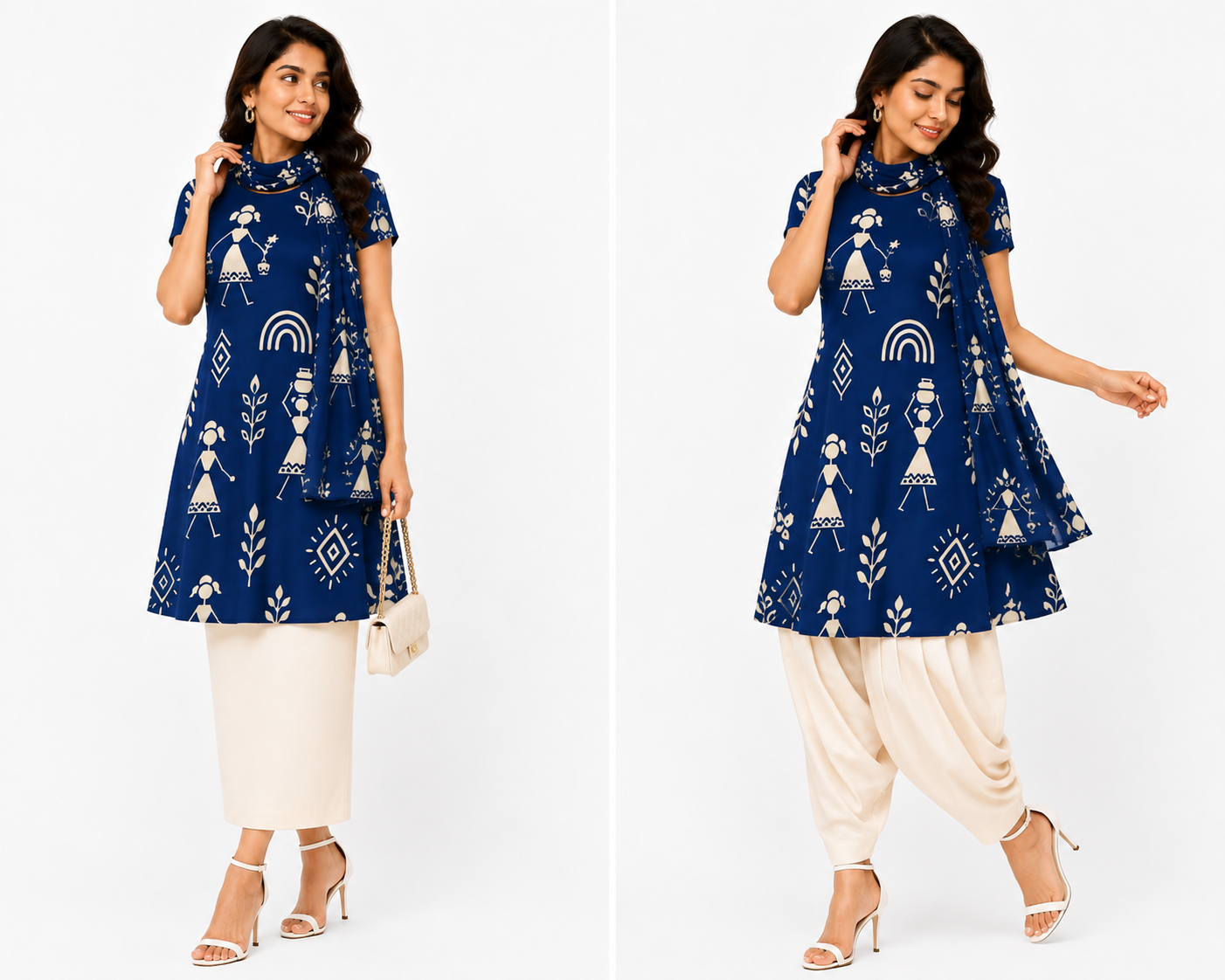 Warli Art Inspired Navy Blue A-Line Dress/Kurti with Matching Stole – 2-Piece Combo Set