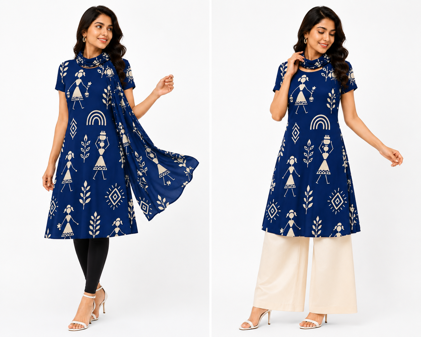 Warli Art Inspired Navy Blue A-Line Dress/Kurti with Matching Stole – 2-Piece Combo Set
