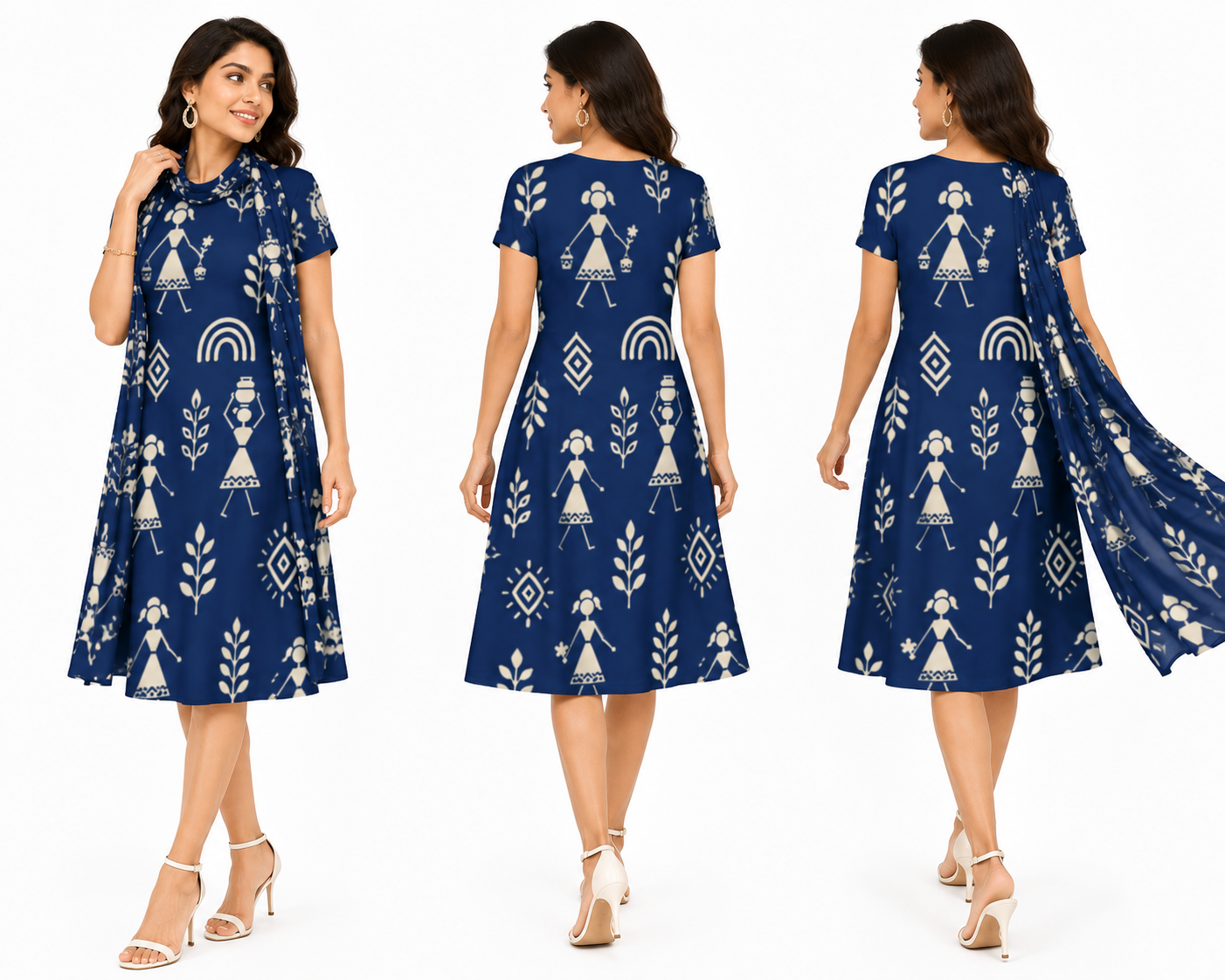 Warli Art Inspired Navy Blue A-Line Dress/Kurti with Matching Stole – 2-Piece Combo Set