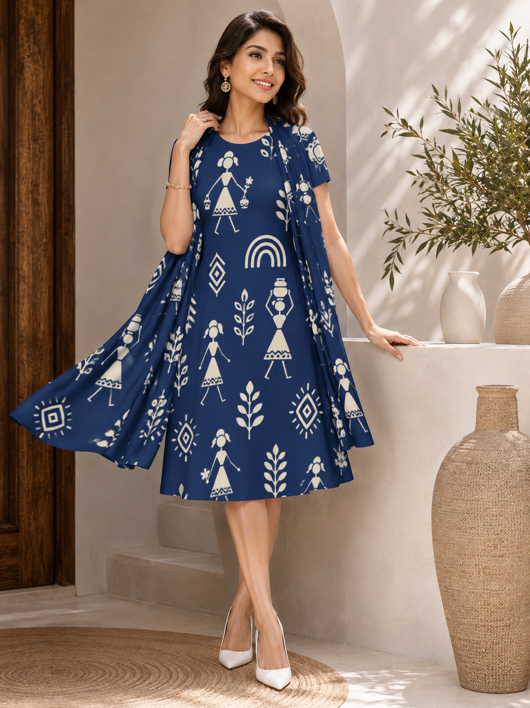 Warli Art Inspired Navy Blue A-Line Dress/Kurti with Matching Stole – 2-Piece Combo Set