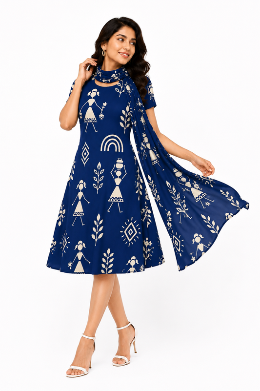 Warli Art Inspired Navy Blue A-Line Dress/Kurti with Matching Stole – 2-Piece Combo Set