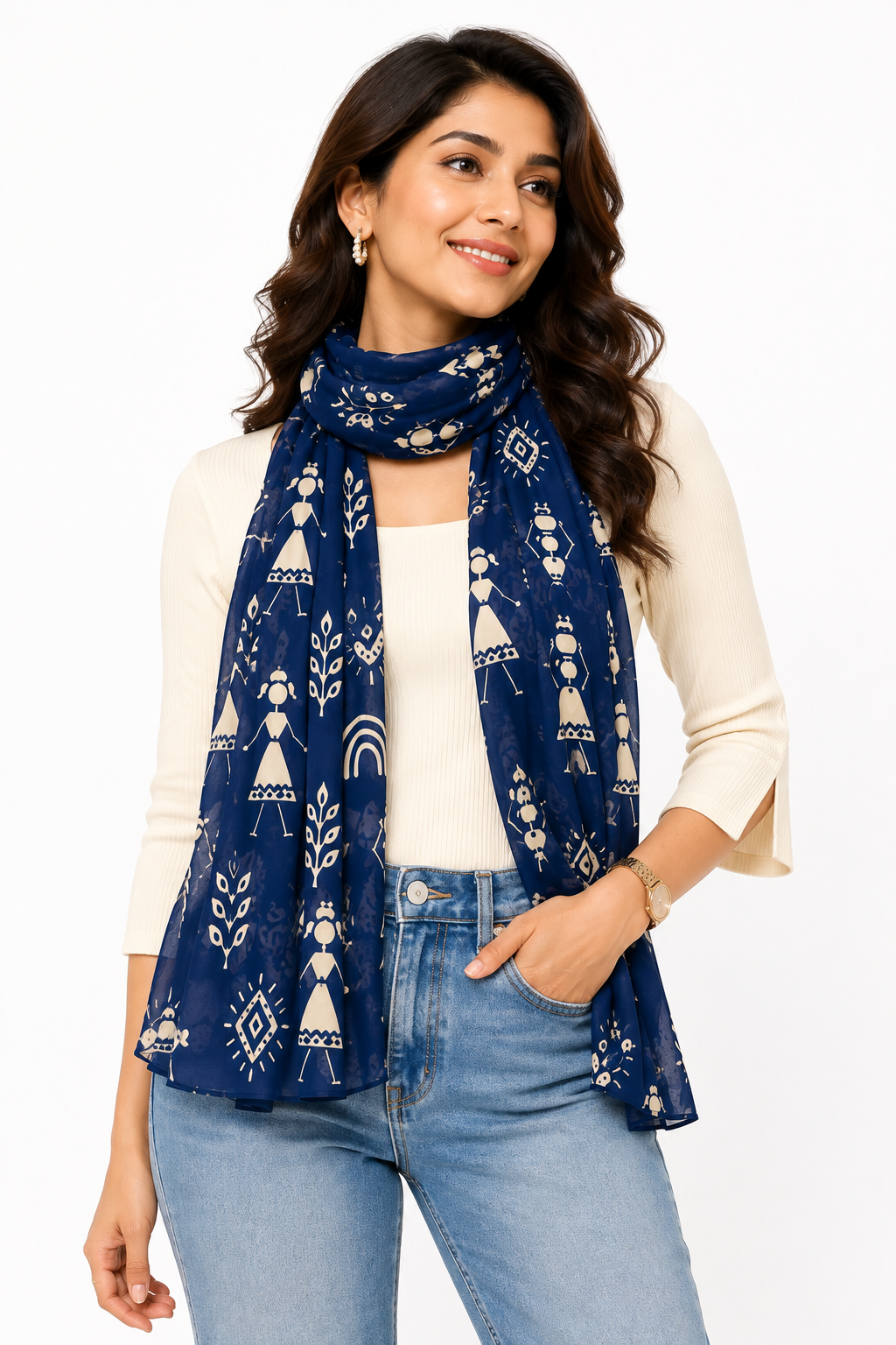 Warli Art Inspired Navy Blue Printed Stole – Smooth Stretchable Polyspandex