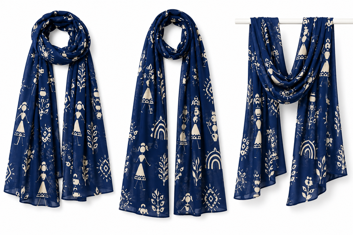 Warli Art Inspired Navy Blue Printed Stole – Smooth Stretchable Polyspandex