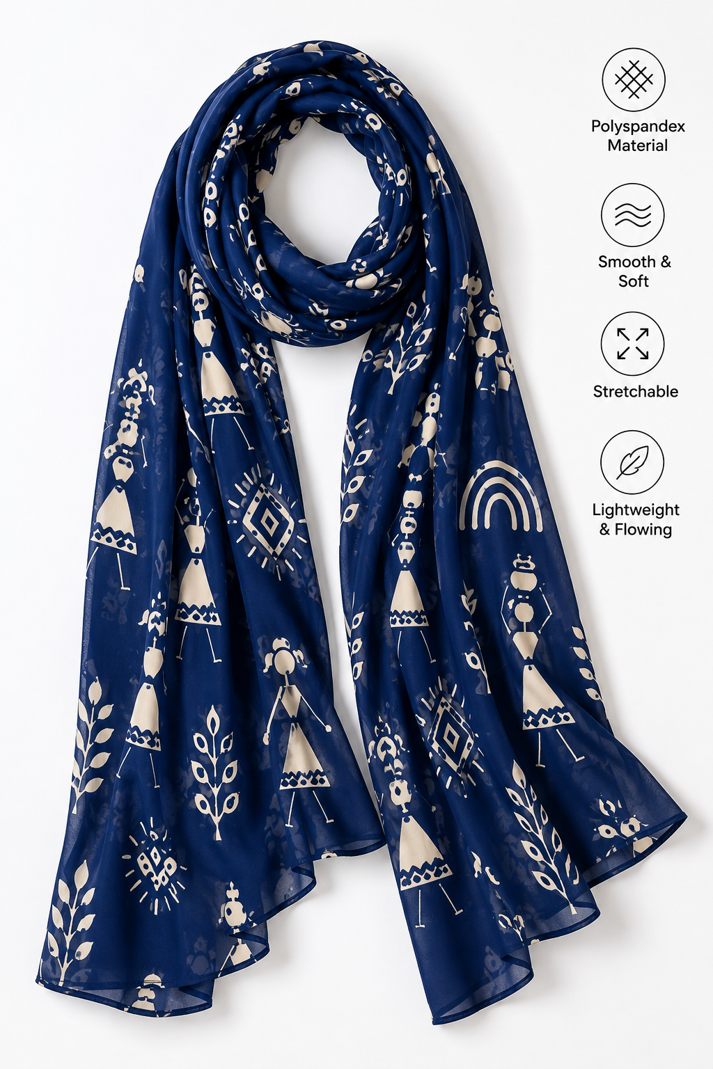Warli Art Inspired Navy Blue Printed Stole – Smooth Stretchable Polyspandex