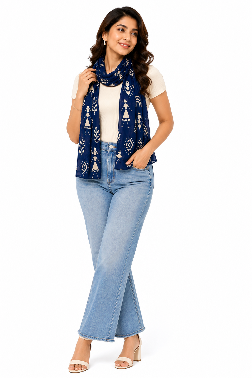 Warli Art Inspired Navy Blue Printed Stole – Smooth Stretchable Polyspandex