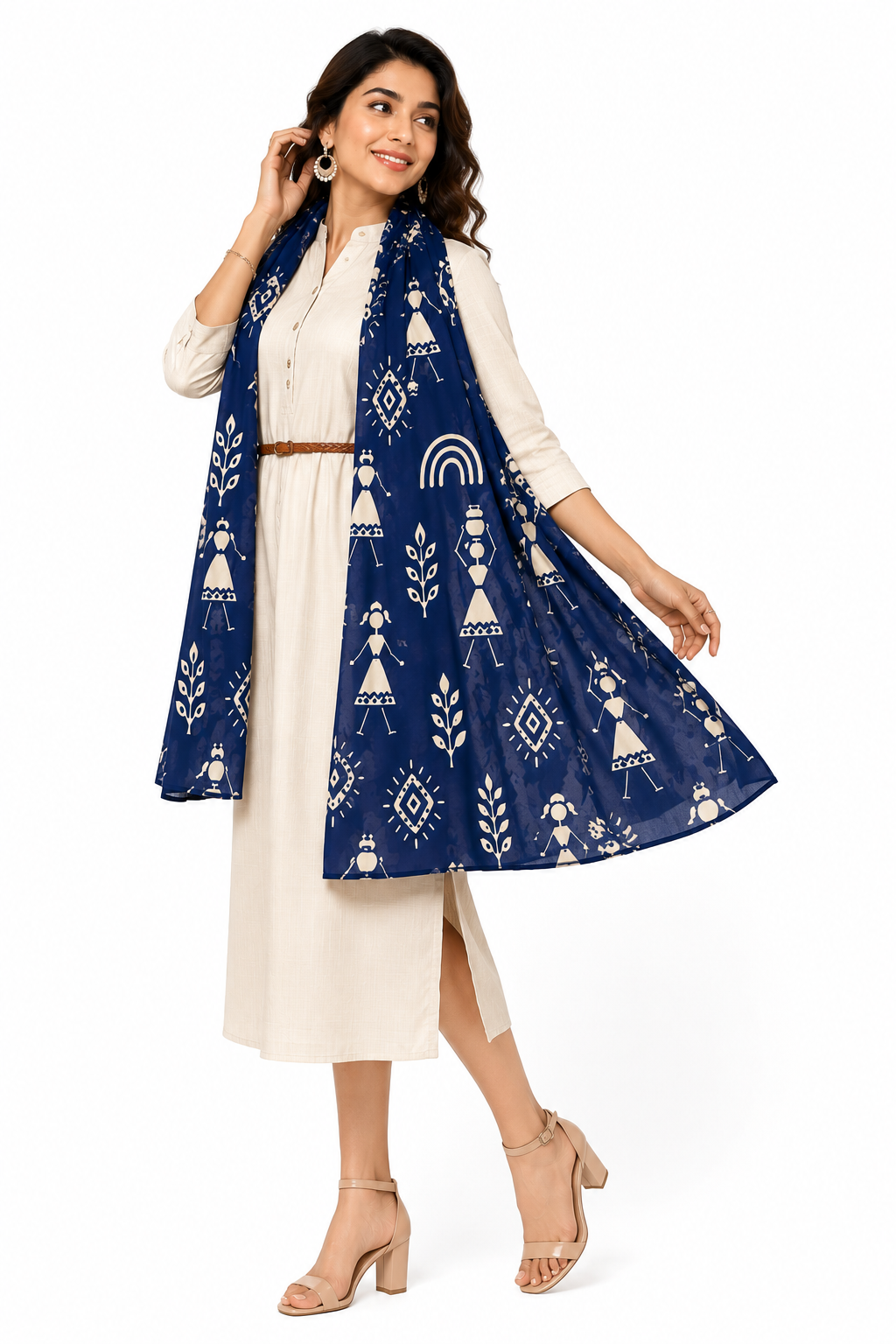 Warli Art Inspired Navy Blue Printed Stole – Smooth Stretchable Polyspandex