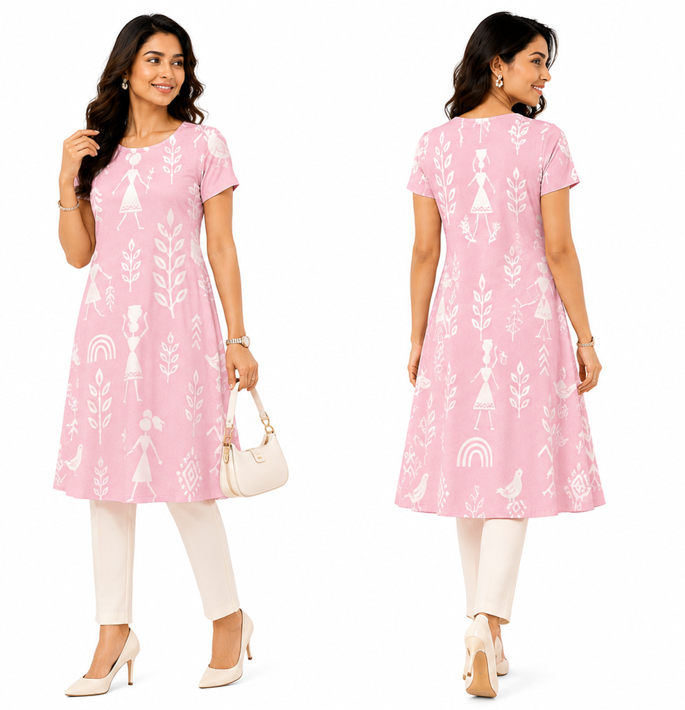Pastel Pink Warli Art Inspired A-Line Kurti – Polyspandex Blend