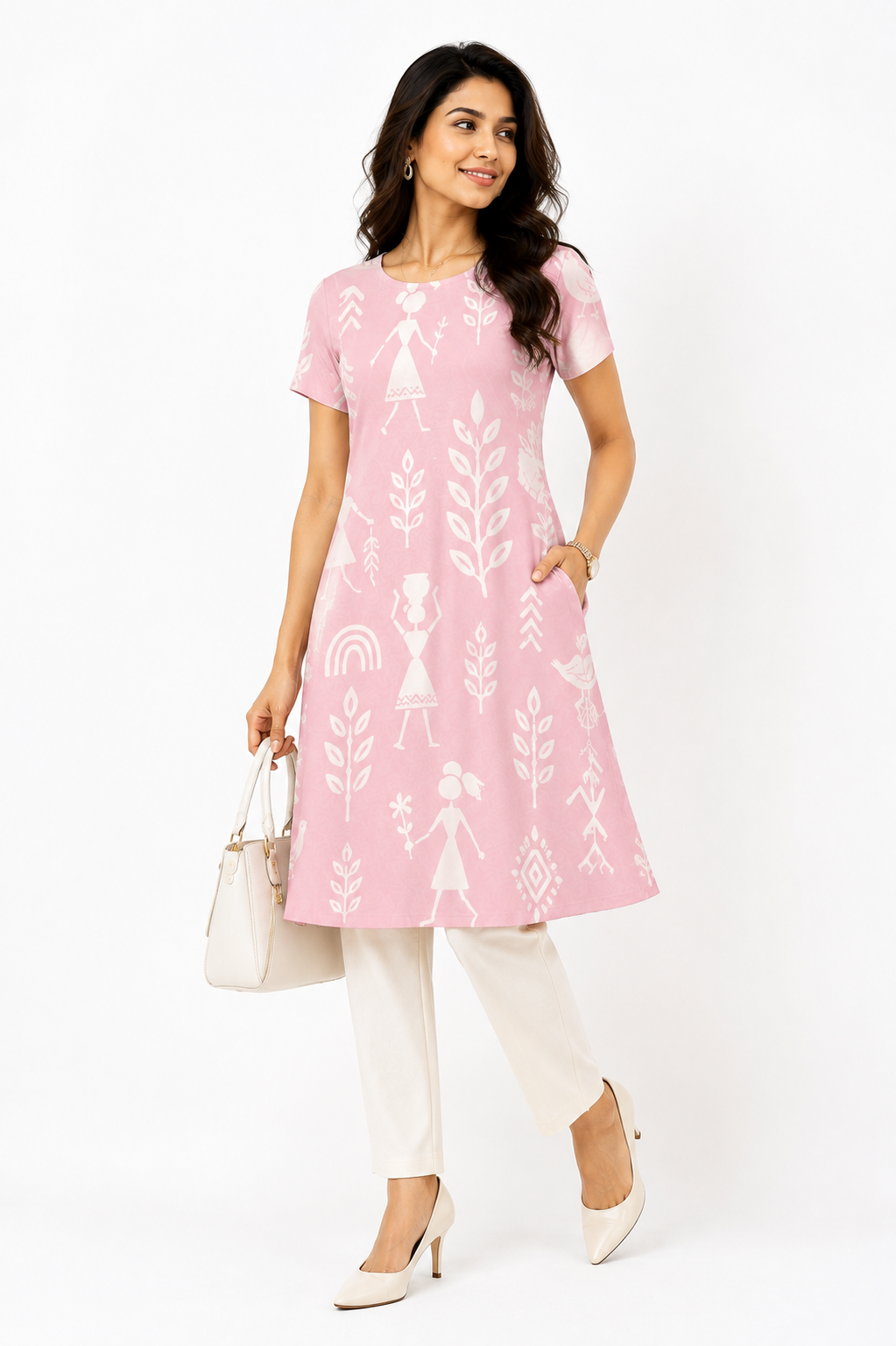 Pastel Pink Warli Art Inspired A-Line Kurti – Polyspandex Blend