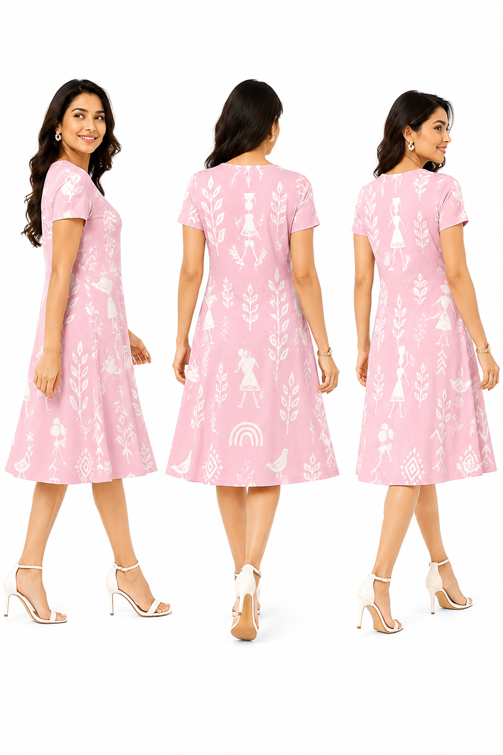 Pastel Pink Warli Art Inspired A-Line Kurti – Polyspandex Blend