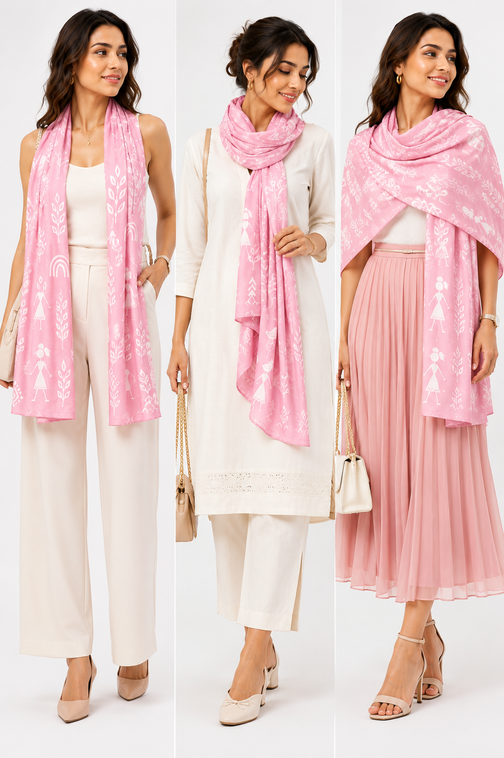 Pastel Pink Warli Art Inspired Stole – Smooth Polyspandex Blend