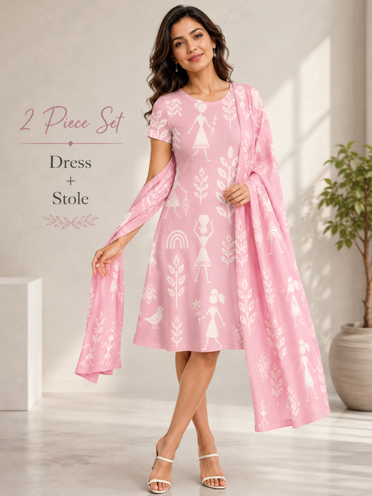Pastel Pink Warli Art Inspired A-Line Dress & Matching Stole – 2-Piece Combo Set