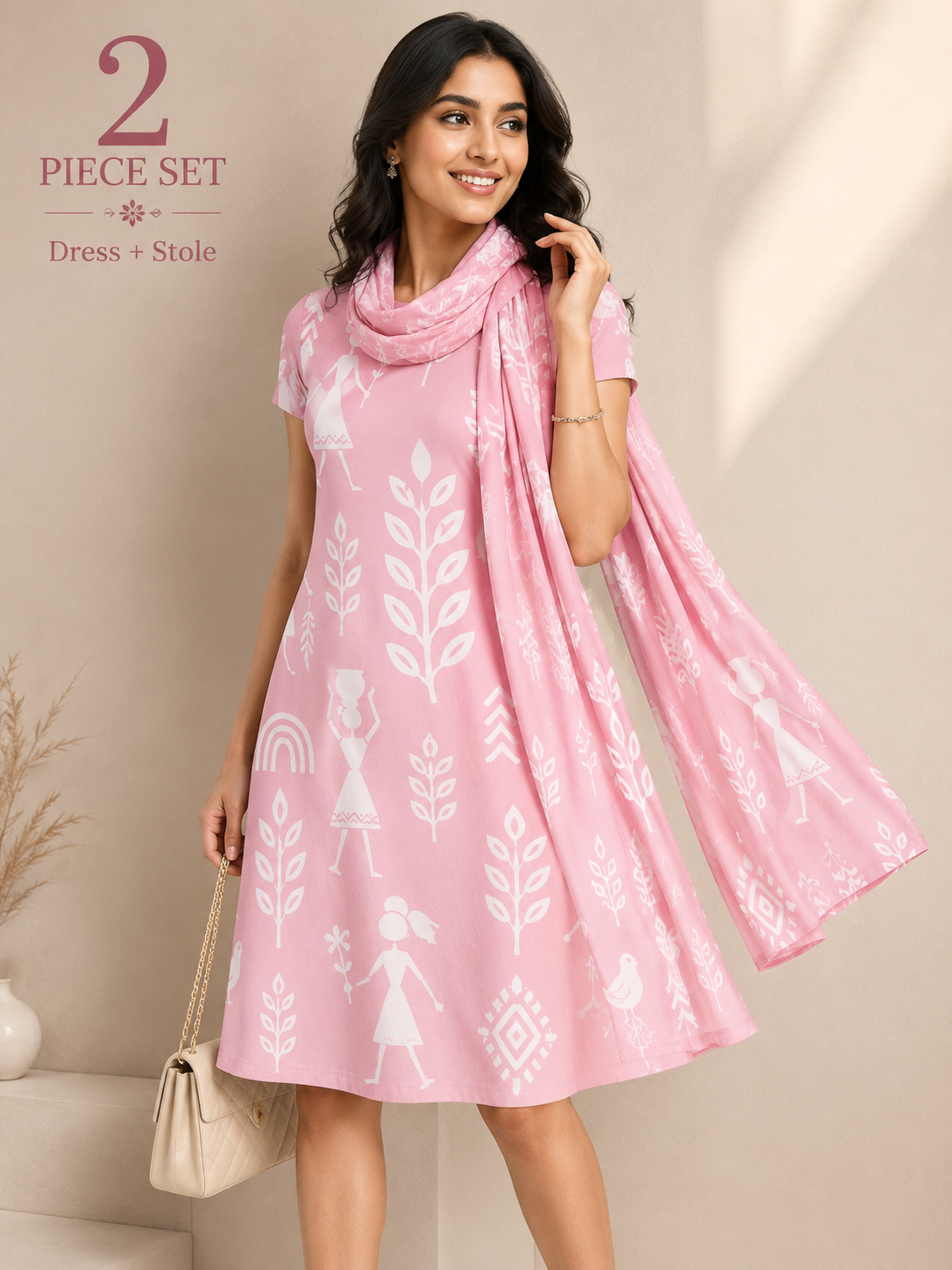 Pastel Pink Warli Art Inspired A-Line Dress & Matching Stole – 2-Piece Combo Set