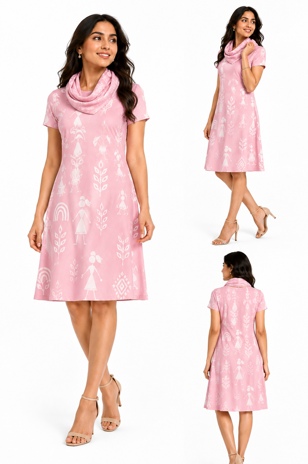 Pastel Pink Warli Art Inspired A-Line Dress & Matching Stole – 2-Piece Combo Set