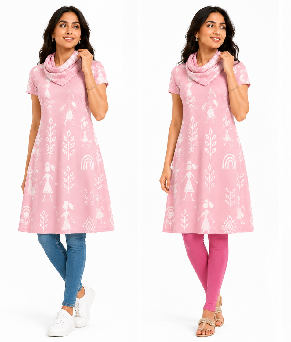 Pastel Pink Warli Art Inspired A-Line Dress & Matching Stole – 2-Piece Combo Set