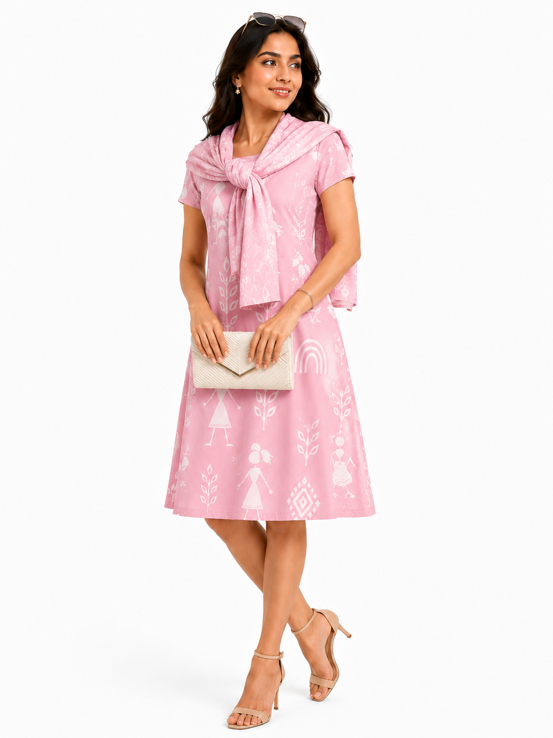 Pastel Pink Warli Art Inspired A-Line Dress & Matching Stole – 2-Piece Combo Set