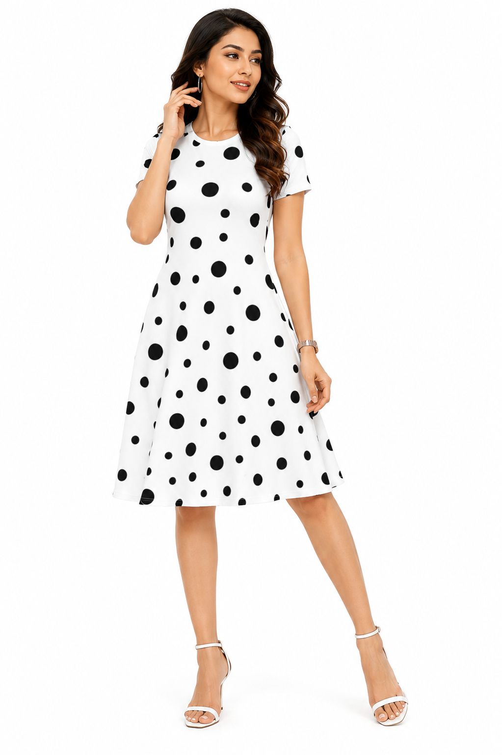 White & Black Polka Dot A-Line Dress for Women | Knee-Length Polyspandex Kurti
