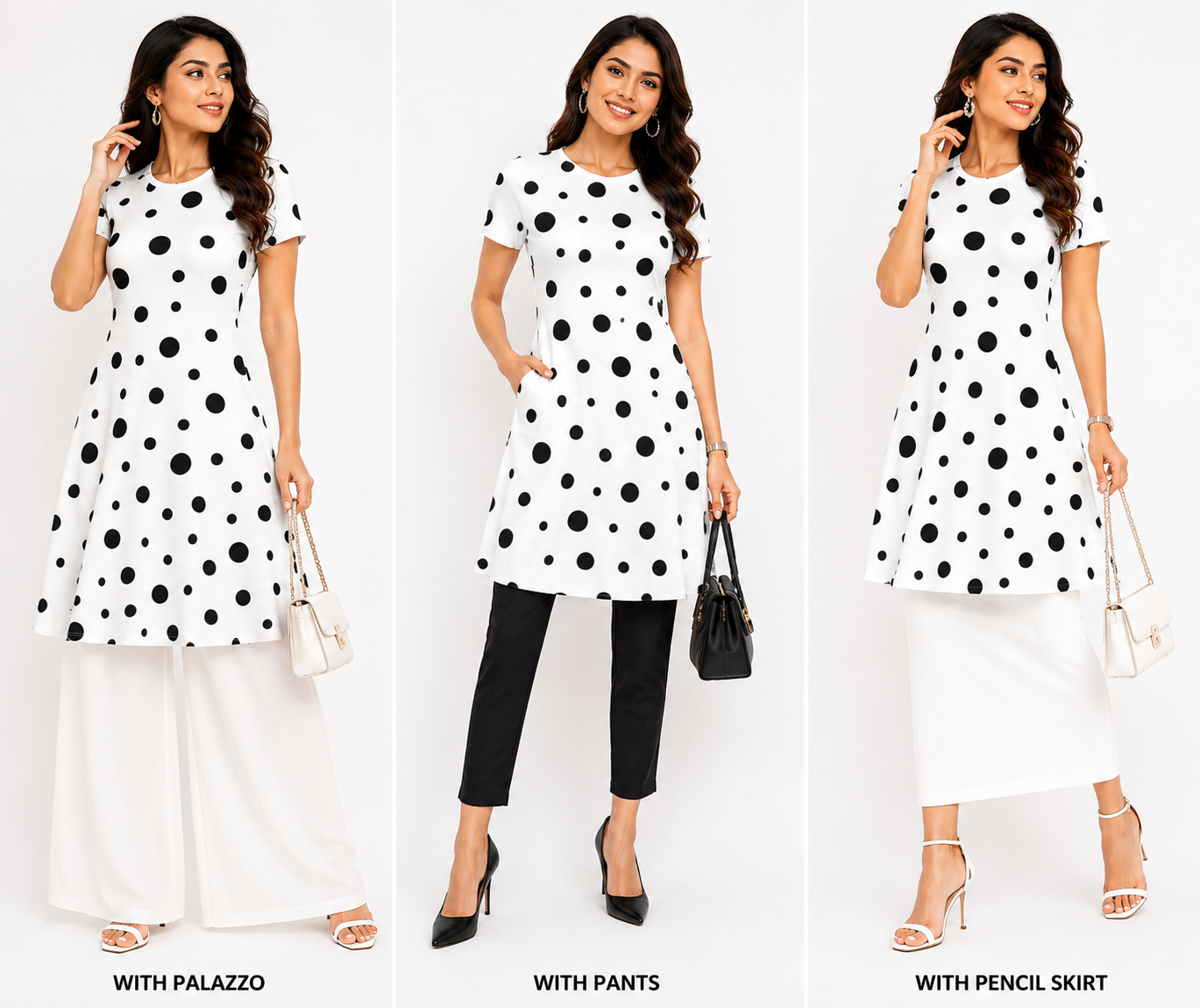 White & Black Polka Dot A-Line Dress for Women | Knee-Length Polyspandex Kurti