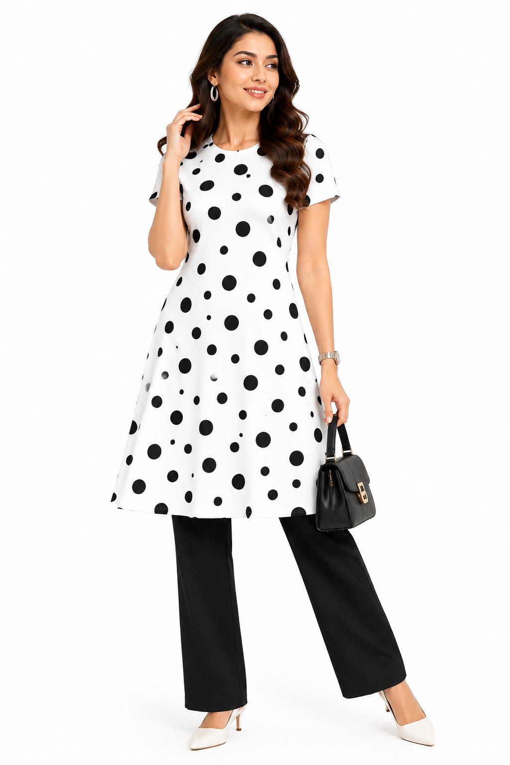 White & Black Polka Dot A-Line Dress for Women | Knee-Length Polyspandex Kurti