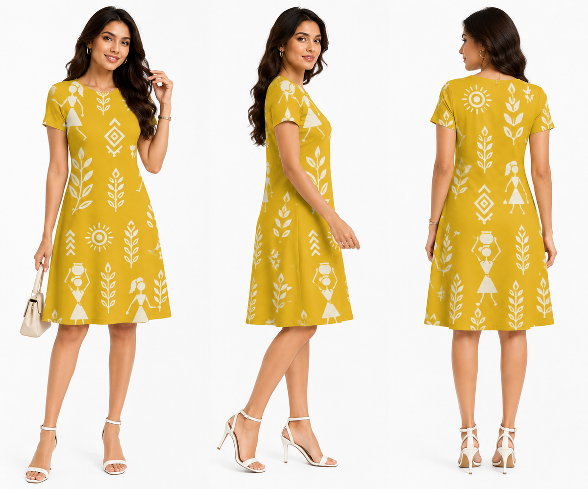 Mustard Yellow Warli Art Printed A-Line Dress for Women | Polyspandex Knee-Length Kurti