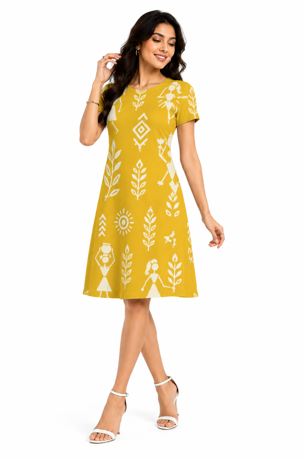 Mustard Yellow Warli Art Printed A-Line Dress for Women | Polyspandex Knee-Length Kurti