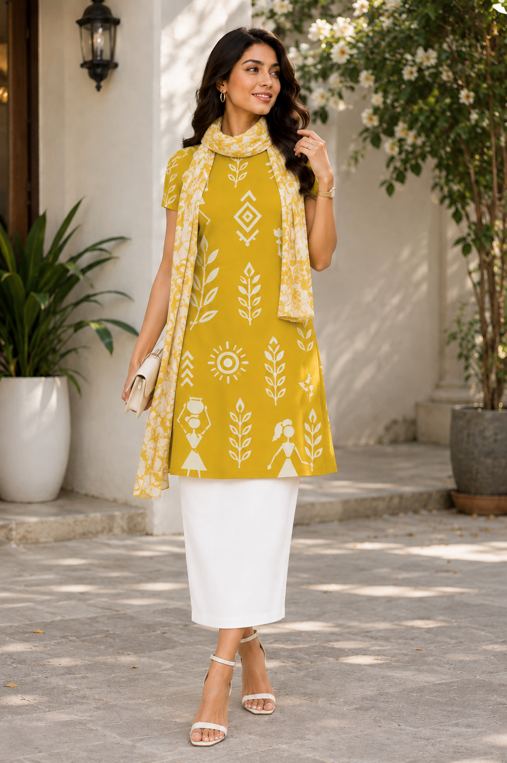 Mustard Yellow Warli Art Printed A-Line Dress for Women | Polyspandex Knee-Length Kurti