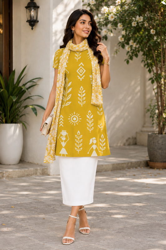 Mustard Yellow Warli Art Printed A-Line Dress for Women | Polyspandex Knee-Length Kurti