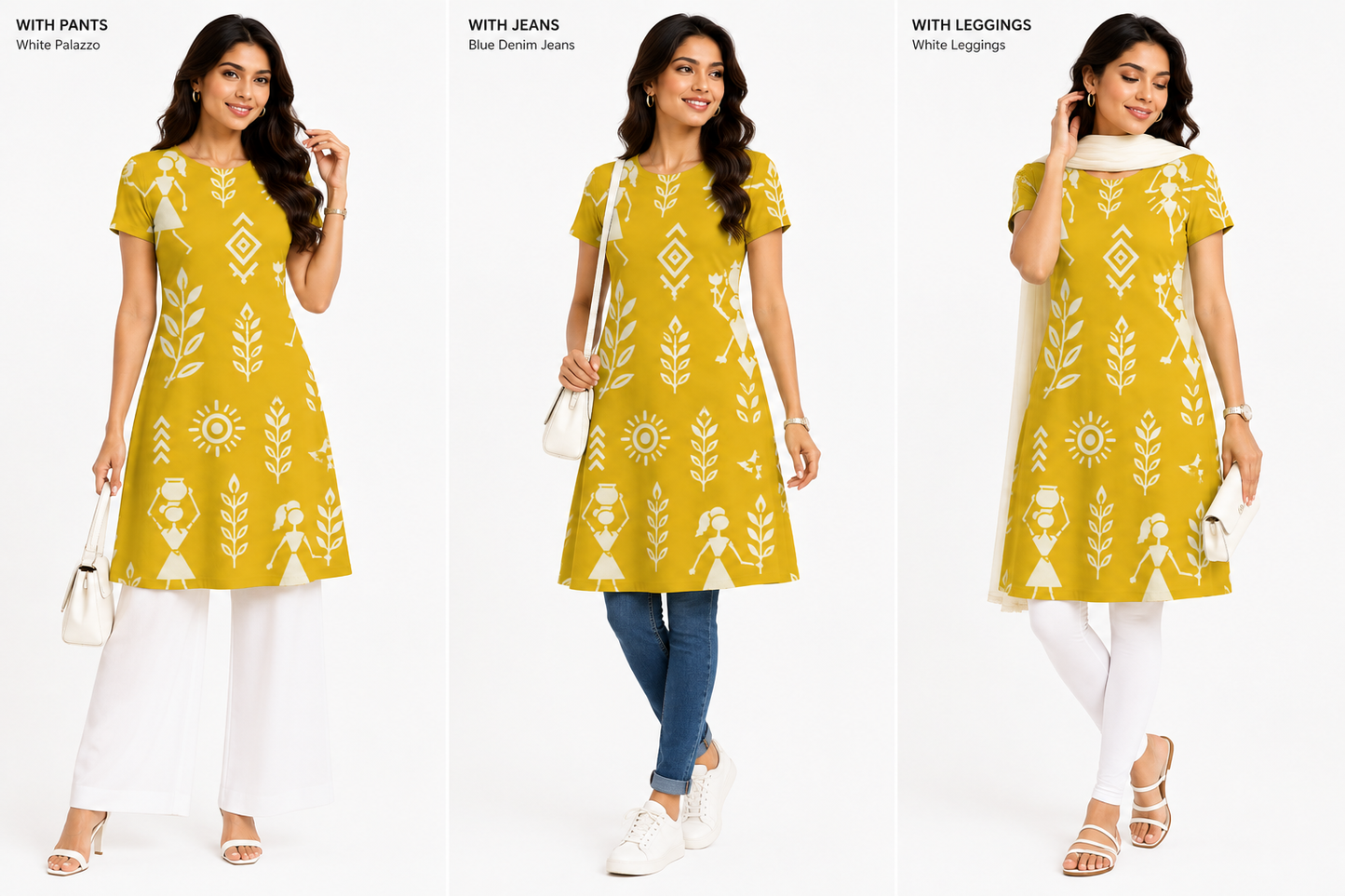 Mustard Yellow Warli Art Printed A-Line Dress for Women | Polyspandex Knee-Length Kurti