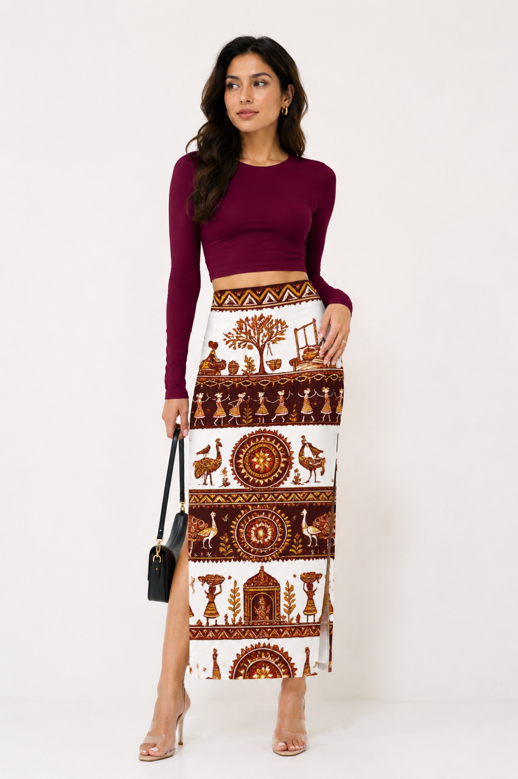 Warli Art Pencil Skirt & Burgundy Crop Top Set - Western Wear - front view | Qikink