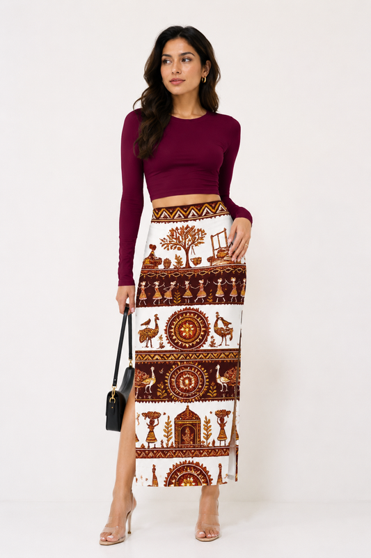 Warli Art Pencil Skirt & Burgundy Crop Top Set - Western Wear - front view | Qikink