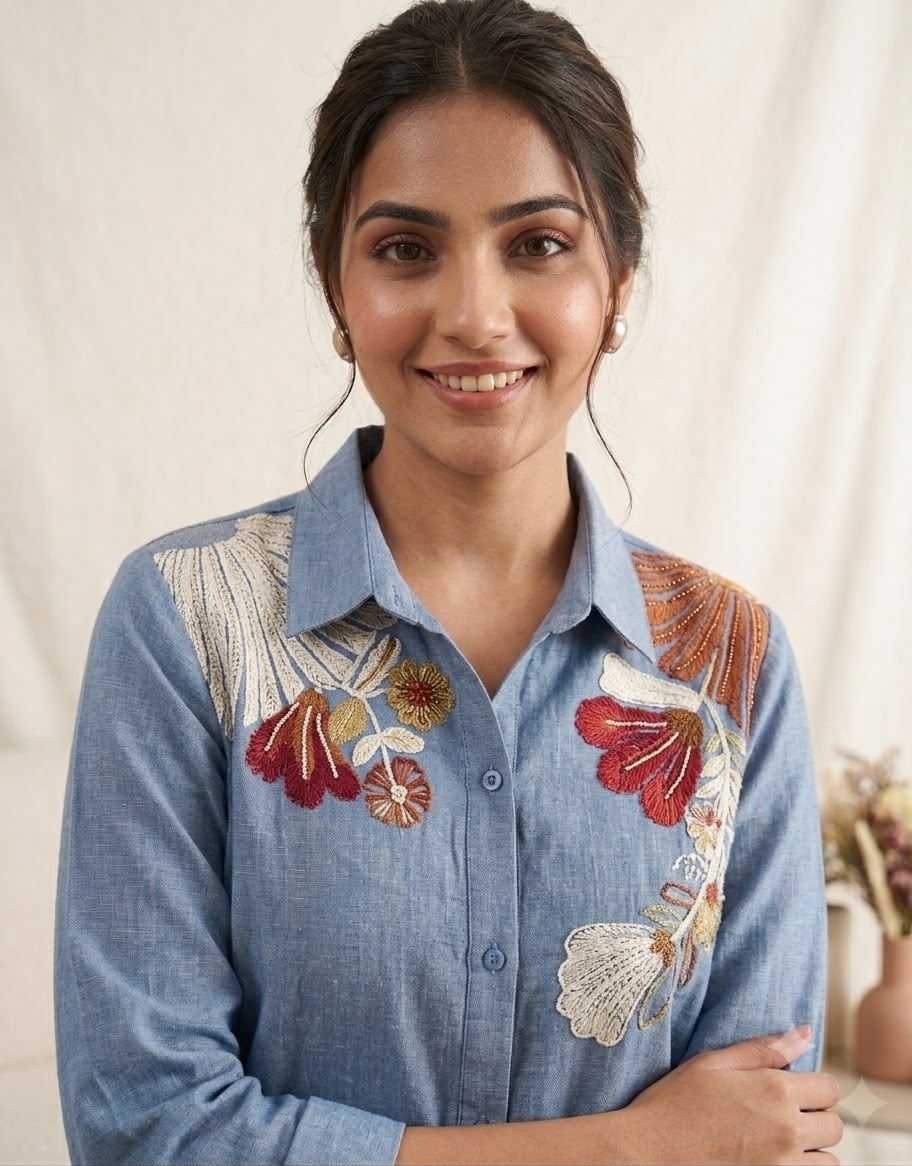 Designer Sequence Embroidered Cotton Denim Co-ord Set - close-up detail view | Nardev Fashions