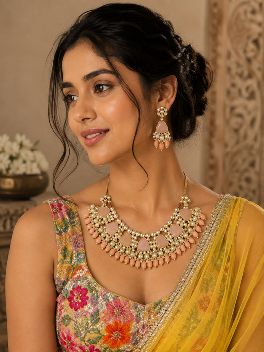 Women's Gold Plated Bridal Necklace - Necklace Set - front view | D9 Creations