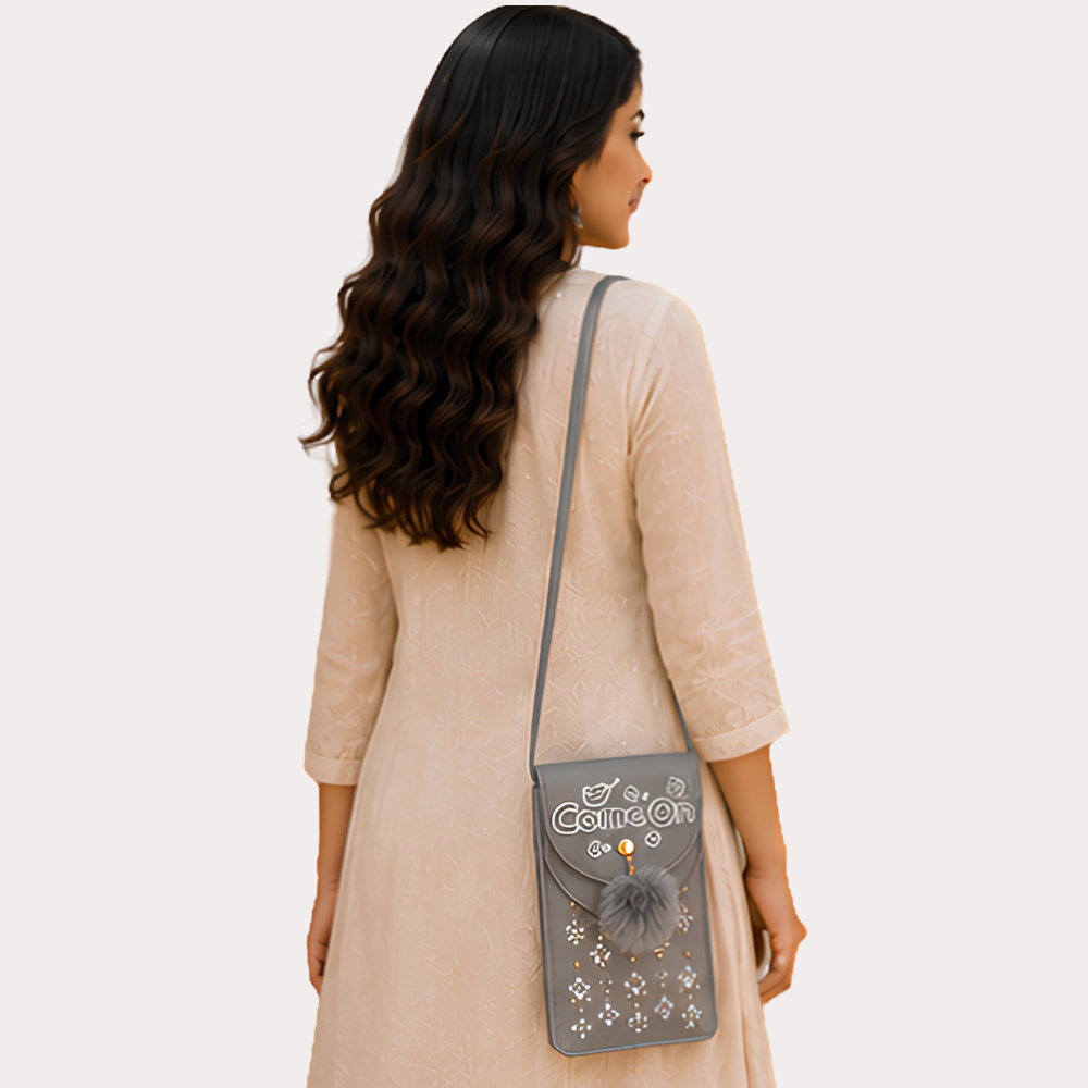 Women's Silver Grey Embellished Sling Bag, Opulent Silver Crossbody Purse - Apparel - close-up detail view | Snazzyway