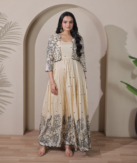 Cream Kalamkari Tussar Silk Gown with Embroidered Jacket - Western Wear - front view | Nardev Fashions