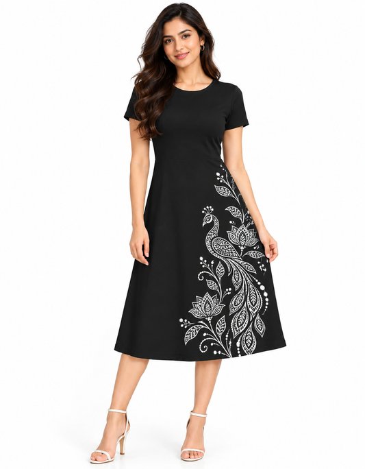 Black Peacock Print A-Line Midi Dress for Women – Stretchable Ethnic Fusion Dress