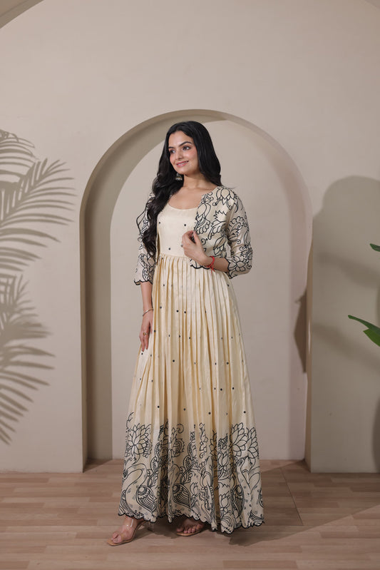 Cream Kalamkari Tussar Silk Gown with Embroidered Jacket - Western Wear - close-up detail view | Nardev Fashions