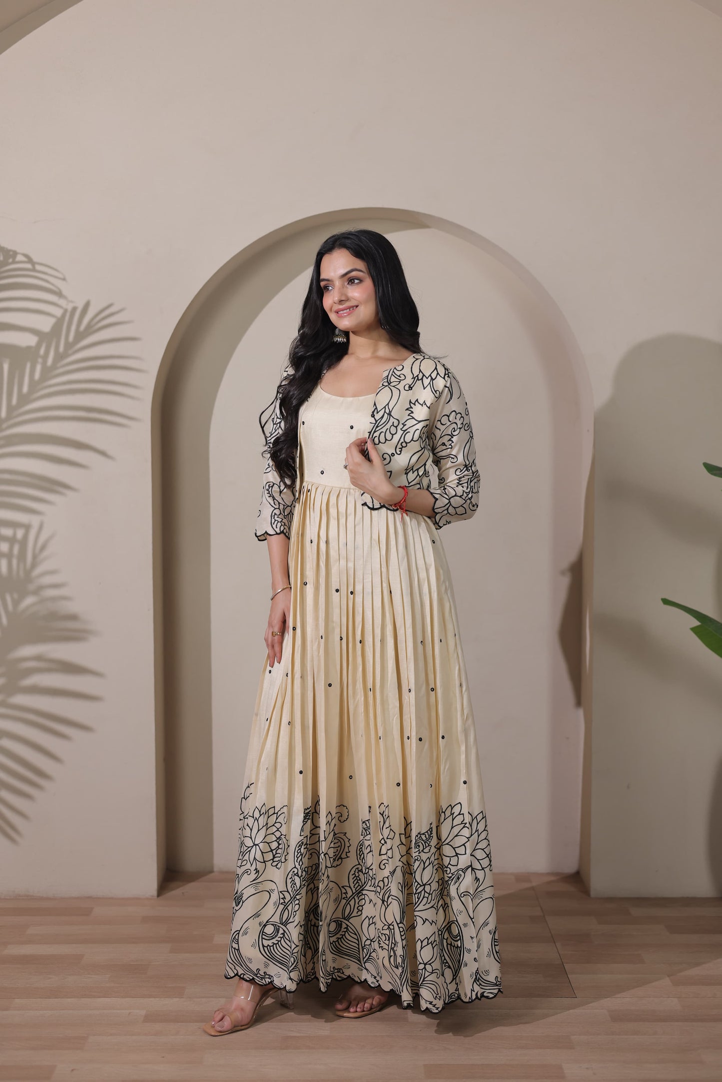 Cream Kalamkari Tussar Silk Gown with Embroidered Jacket - Western Wear - close-up detail view | Nardev Fashions