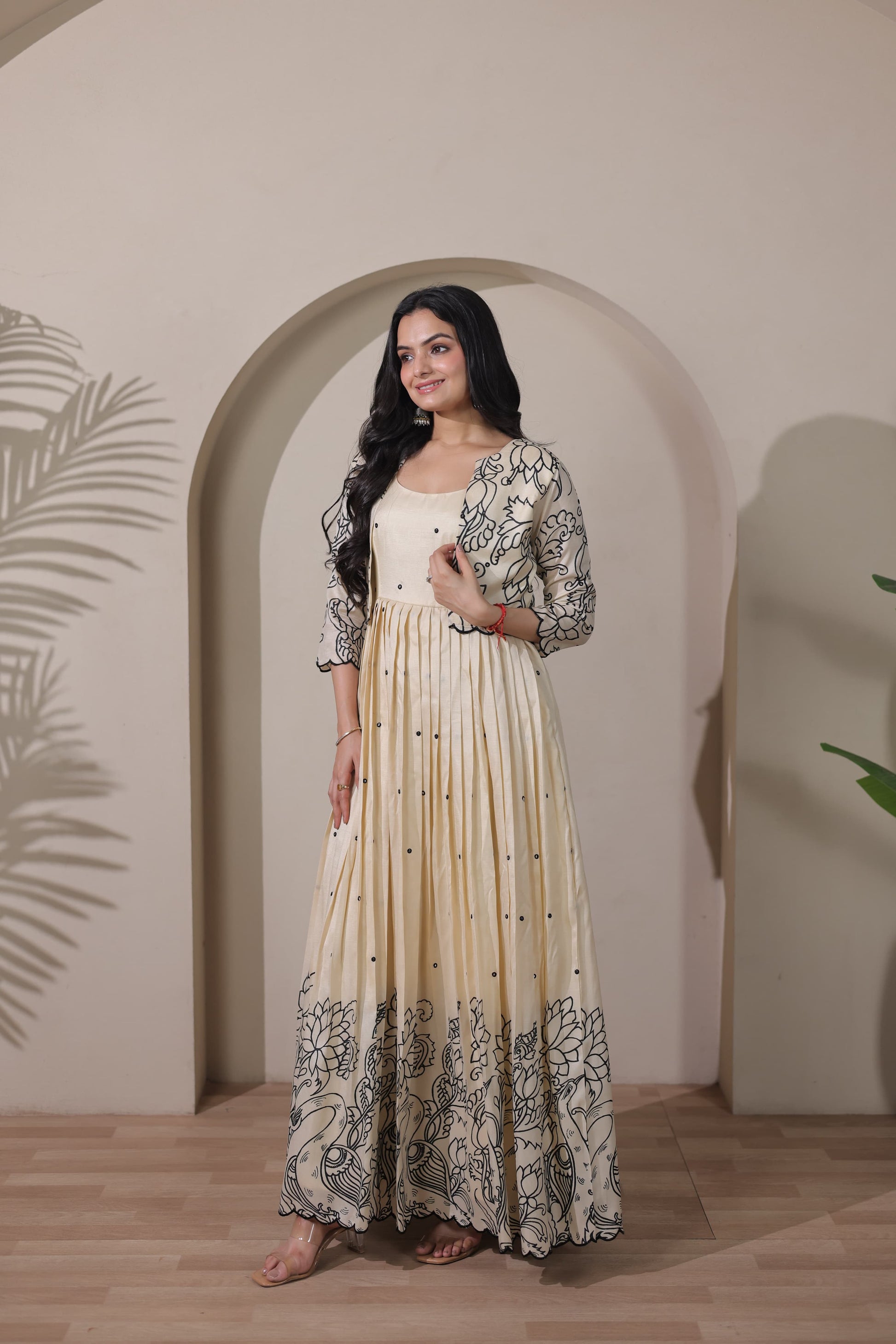 Cream Kalamkari Tussar Silk Gown with Embroidered Jacket - Western Wear - close-up detail view | Nardev Fashions