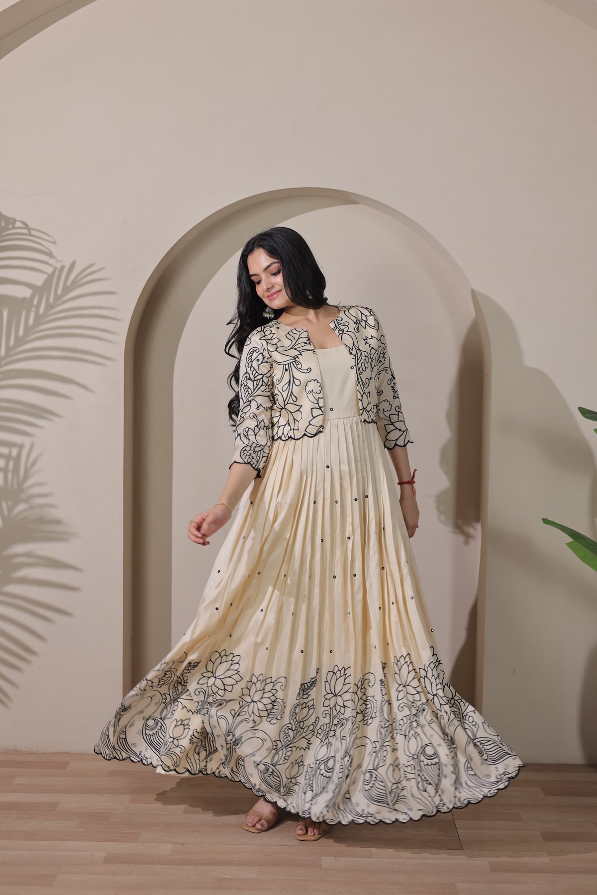 Cream Kalamkari Tussar Silk Gown with Embroidered Jacket - Western Wear - back view | Nardev Fashions
