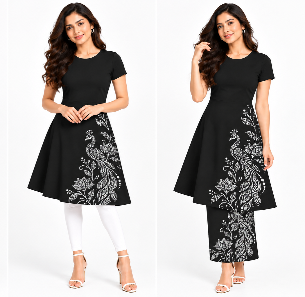 Black Peacock Print A-Line Midi Dress for Women – Stretchable Ethnic Fusion Dress