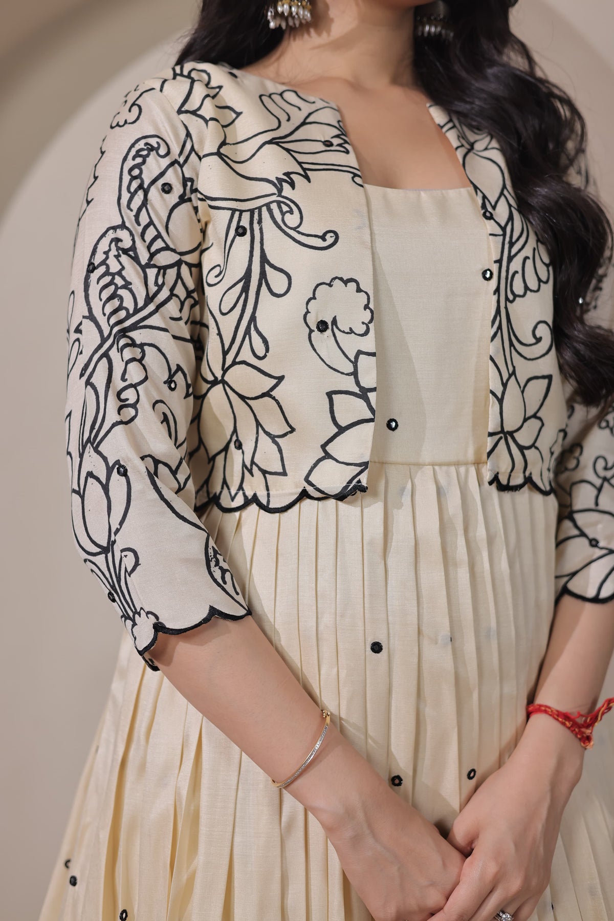 Cream Kalamkari Tussar Silk Gown with Embroidered Jacket - Western Wear - styled full look | Nardev Fashions