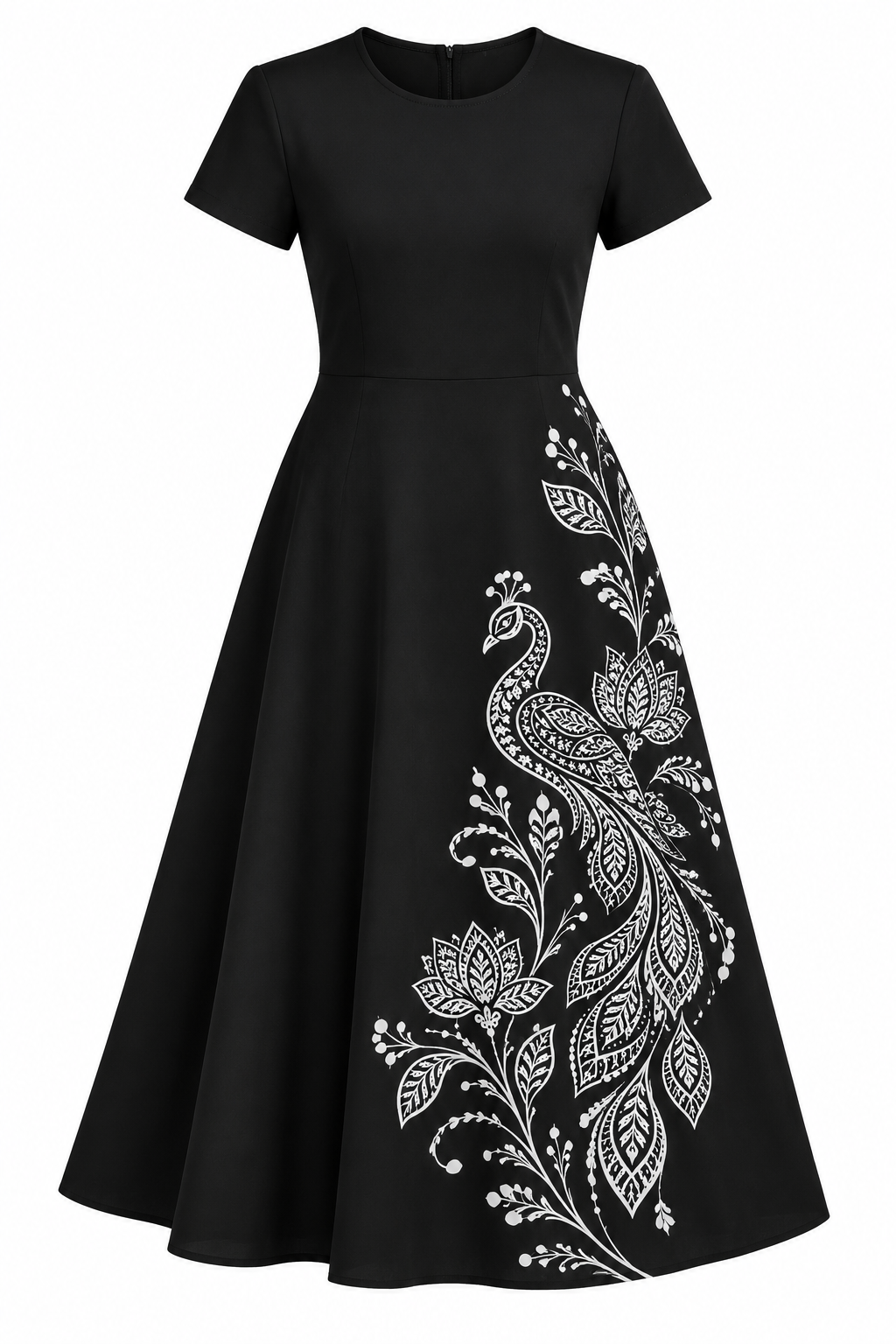 Black Peacock Print A-Line Midi Dress for Women – Stretchable Ethnic Fusion Dress