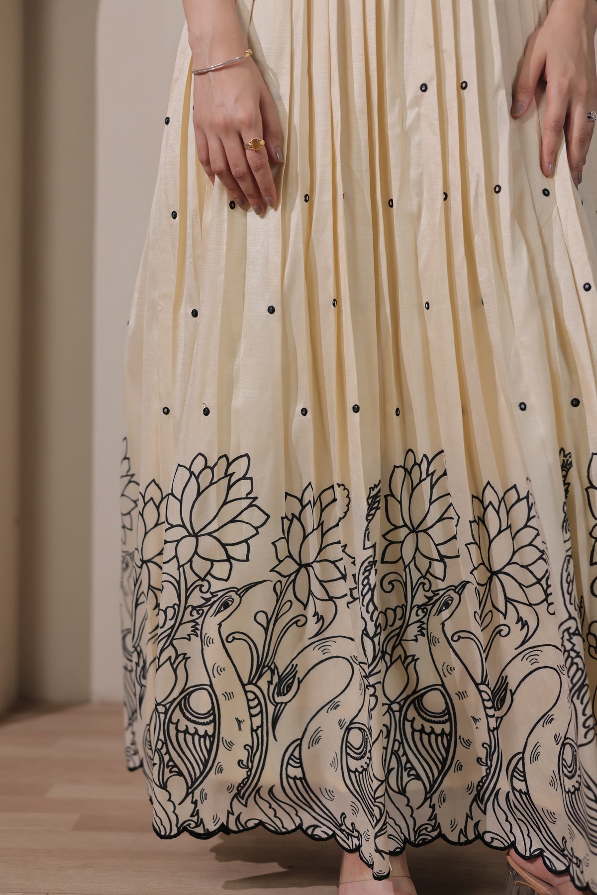 Cream Kalamkari Tussar Silk Gown with Embroidered Jacket - Western Wear - side view | Nardev Fashions