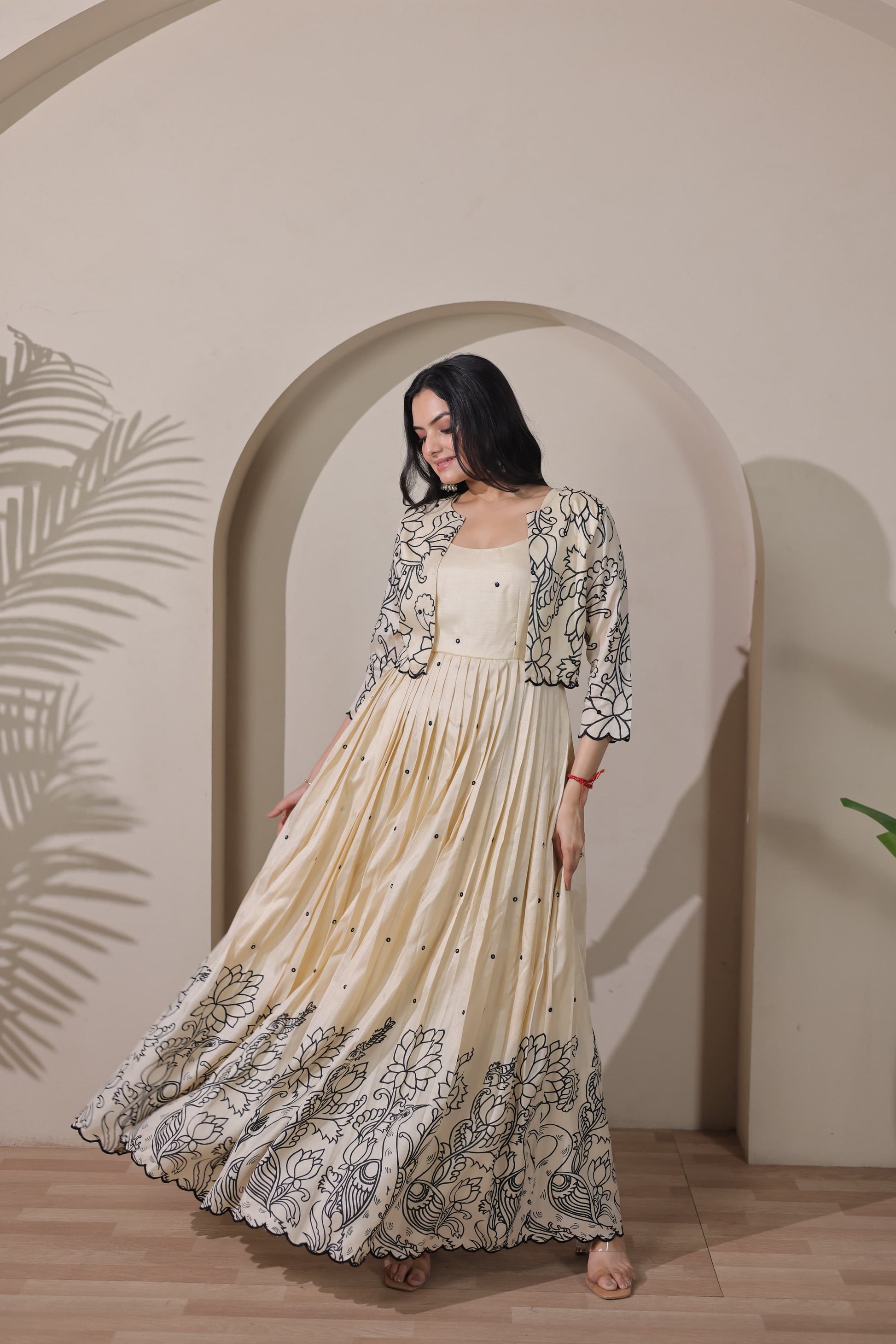 Cream Kalamkari Tussar Silk Gown with Embroidered Jacket - Western Wear - model wearing | Nardev Fashions