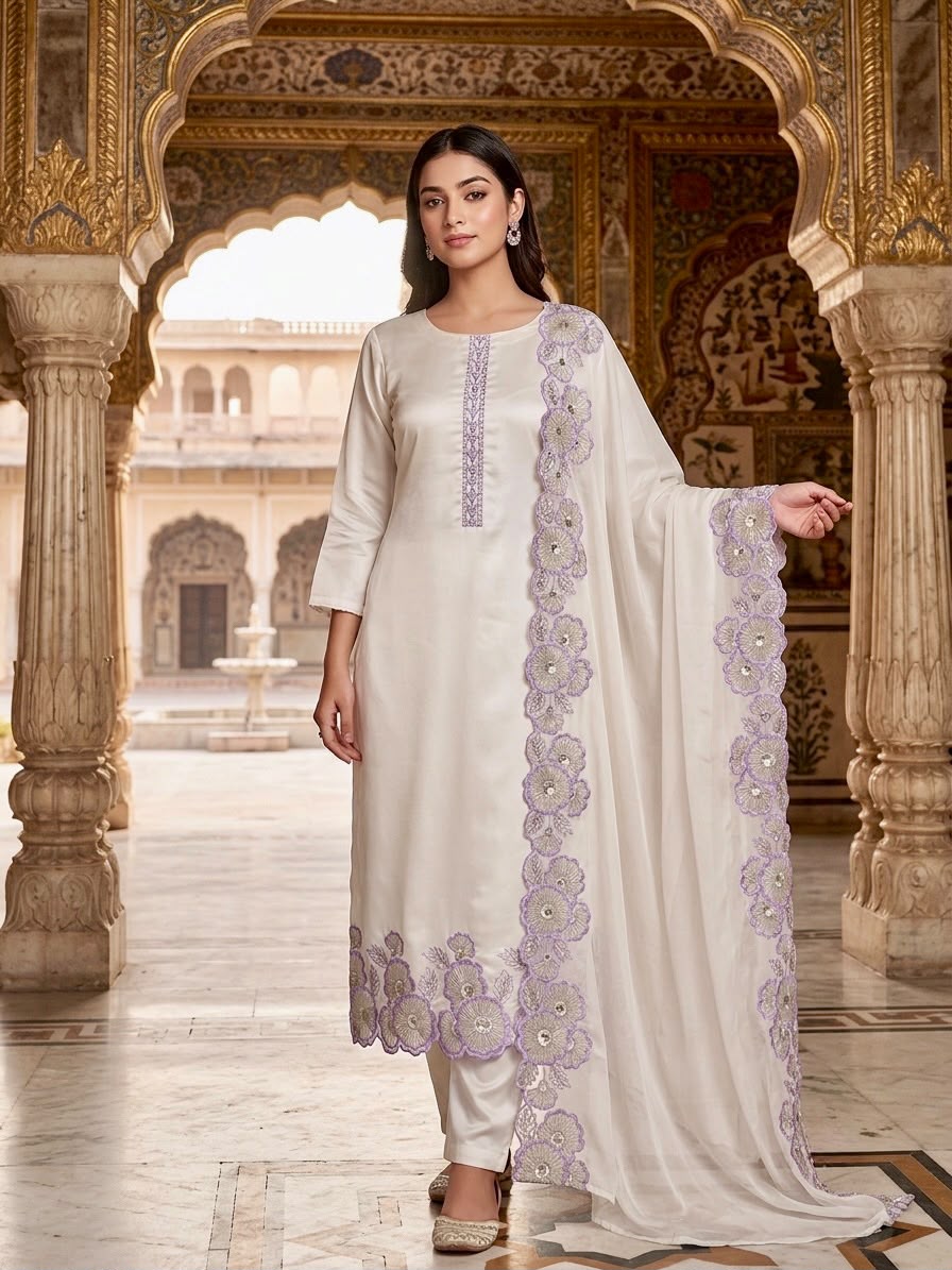 3-Piece Fancy Long Kurti Set – Heavy Roman Glass Silk with Embroidery & Dupatta - front view | Nardev Fashions