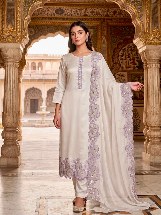 3-Piece Fancy Long Kurti Set – Heavy Roman Glass Silk with Embroidery & Dupatta - front view | Nardev Fashions