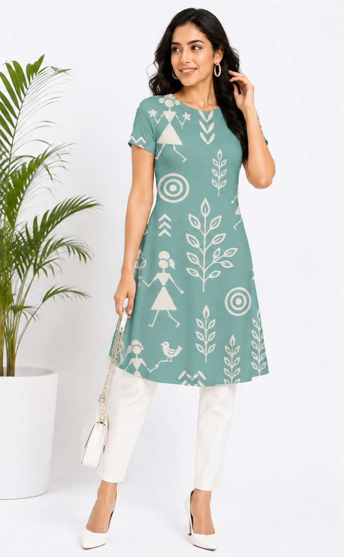Sage Green Warli-Inspired A-Line Dress for Women | Knee-Length Printed Polyspandex Blend Dress