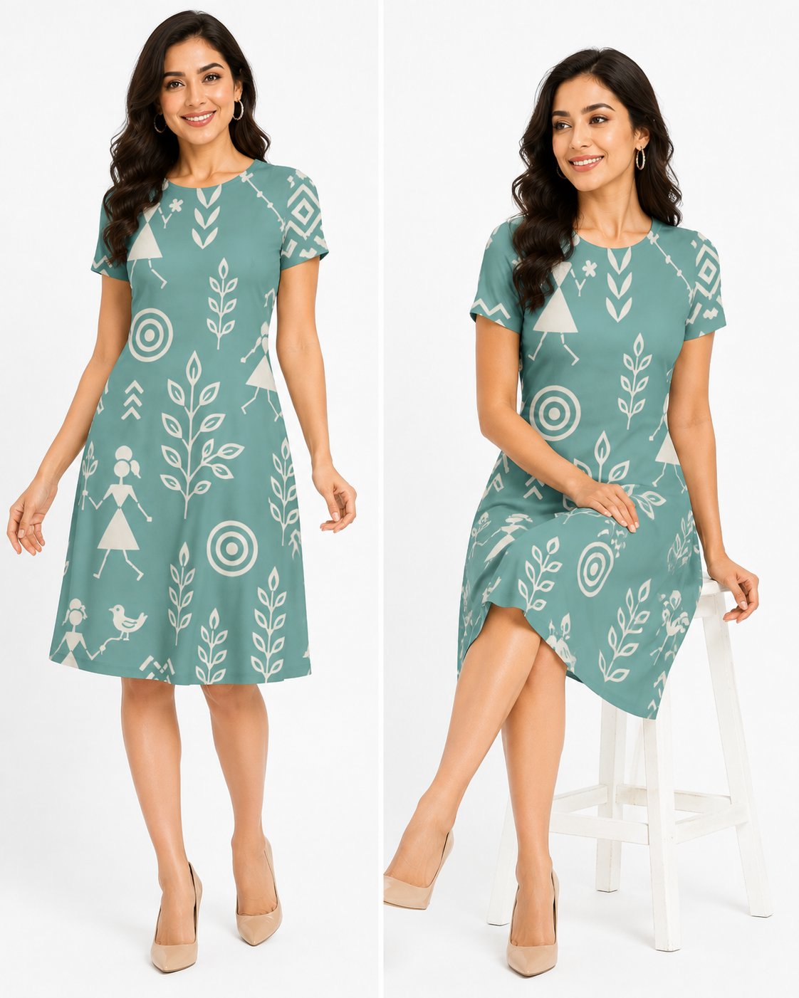 Sage Green Warli-Inspired A-Line Dress for Women | Knee-Length Printed Polyspandex Blend Dress