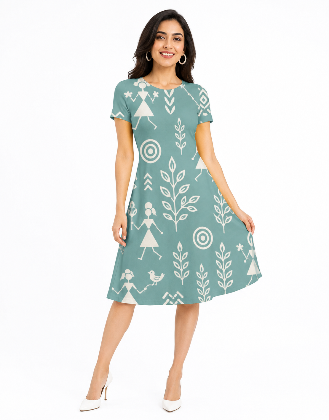 Sage Green Warli-Inspired A-Line Dress for Women | Knee-Length Printed Polyspandex Blend Dress